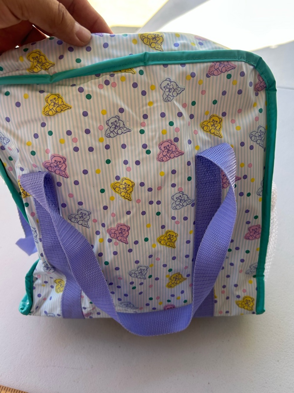 Vtg Pastel Polka Dot teddy bear diaper Tote Bag with Lavender Straps